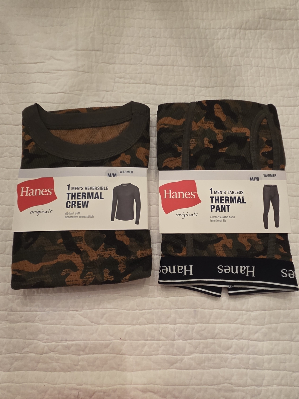Hanes Men’s Camo Thermal Crew & Pant Set - Olive/Black Size Medium